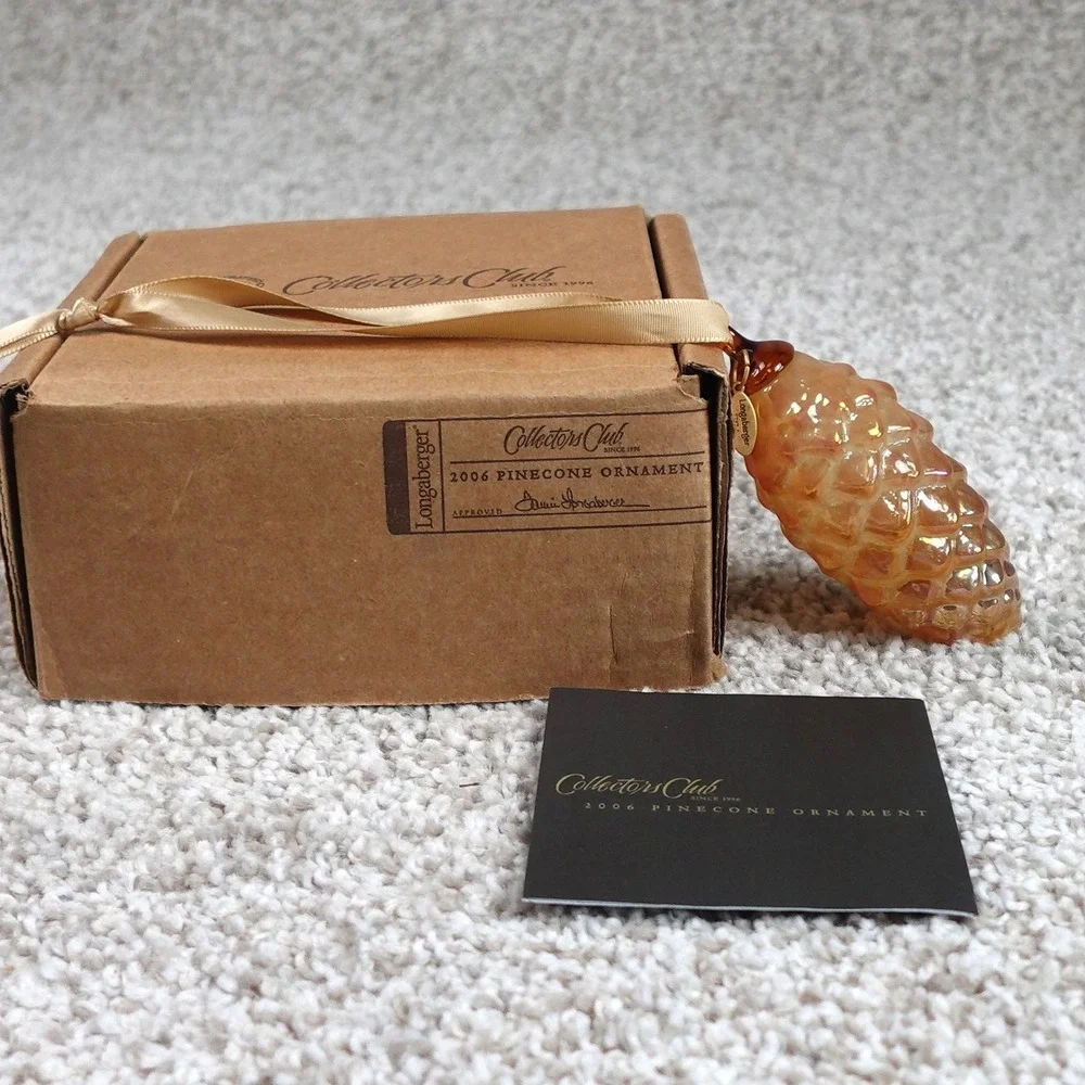Longaberger 2006 Collector's Club Pinecone Ornament Amber Blown Glass USA Box